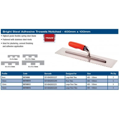 TROWEL - BRIGHT STEEL NOTCHED 400MM x 10MM